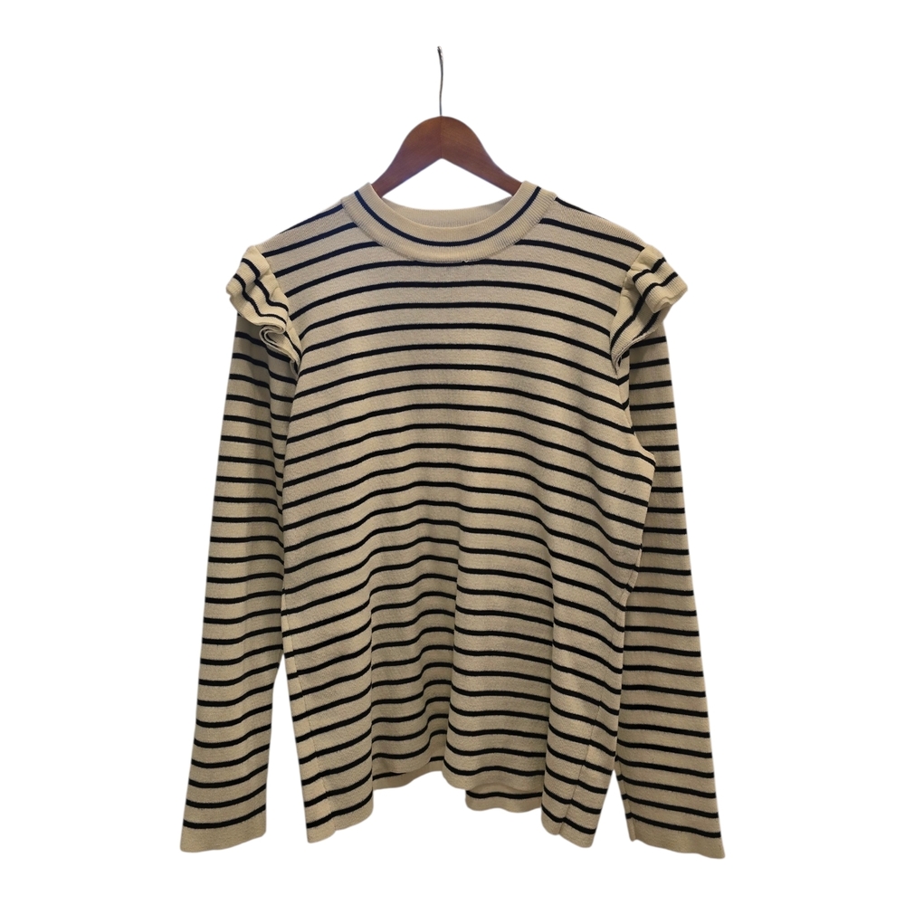 Striped Ruffle Shoulder Knit Top in Cream and Black